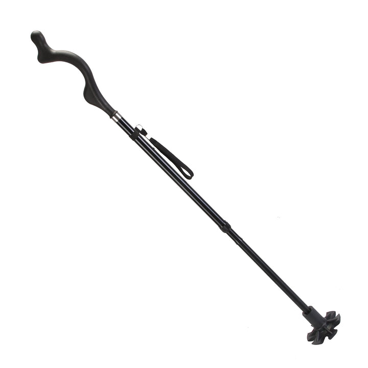 Black walking cane angled view with curved handle, segmented shaft, and rubber base tip