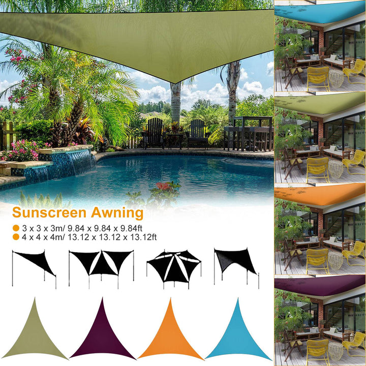 Triangle shade sail canopy color options with purple, orange, blue, and army green