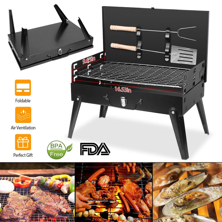 Foldable charcoal grill with grilling rack, side shelf, and compact foldable frame