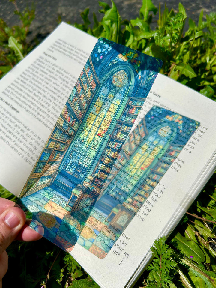 Blue cathedral illustrated bookmark placed in an open book