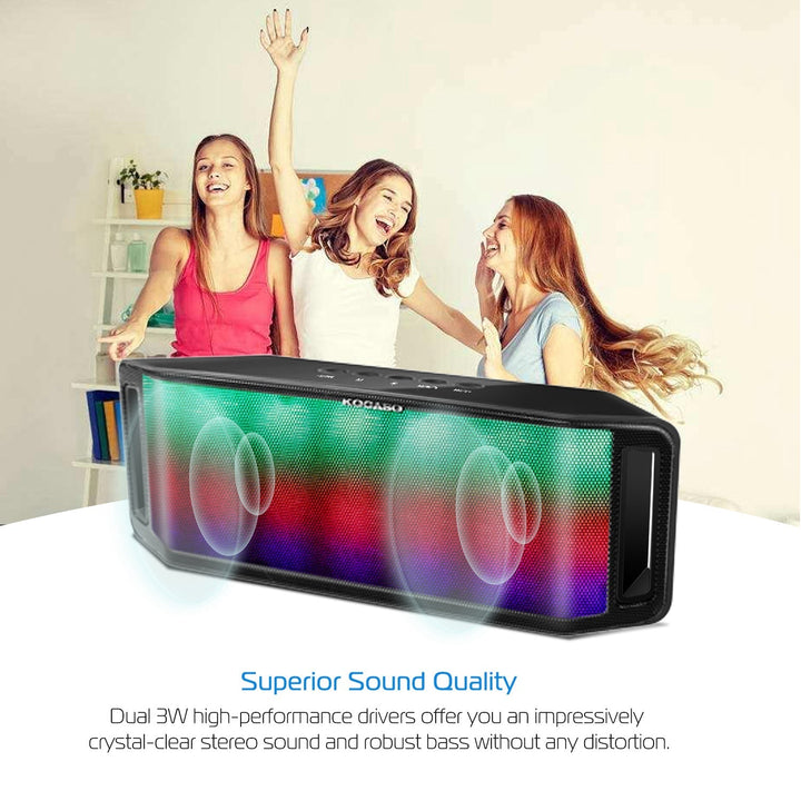 Front view of black wireless speaker with multicolor LED lighting and bass graphics