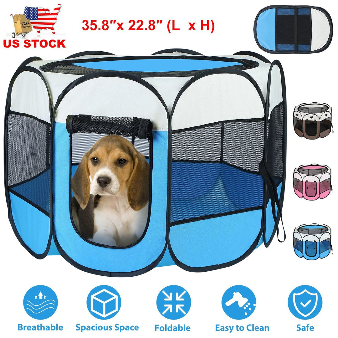 Blue and white foldable pet tent kennel with zipper door and padded carry handles