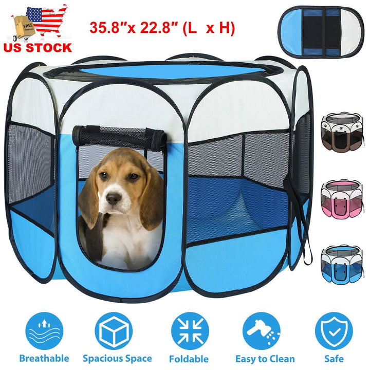 Blue and white foldable pet tent kennel with zipper door and padded carry handles