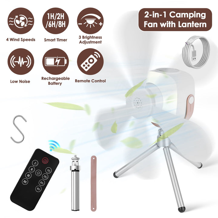 2-in-1 camping fan with lantern, white ceiling fan with remote and battery