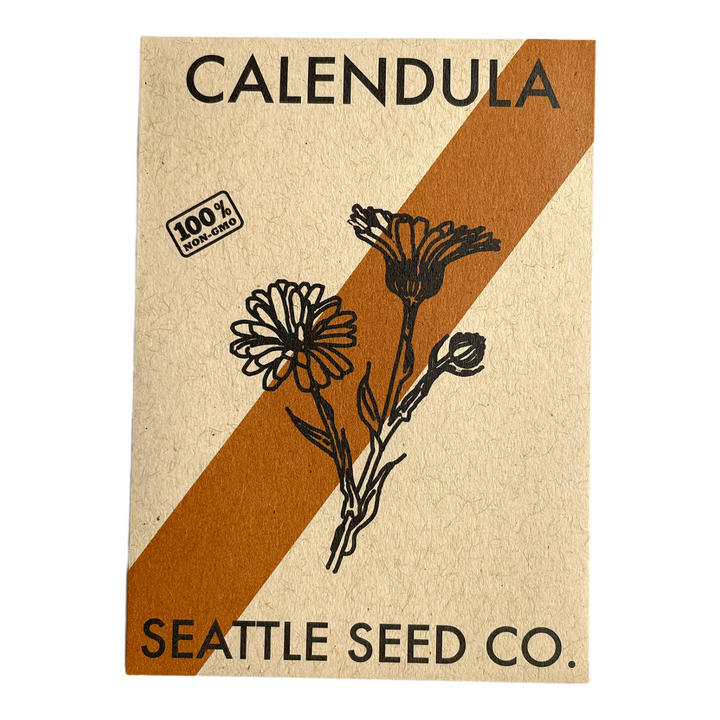 Calendula seed packet with illustrated flowers and bold CALENDULA text