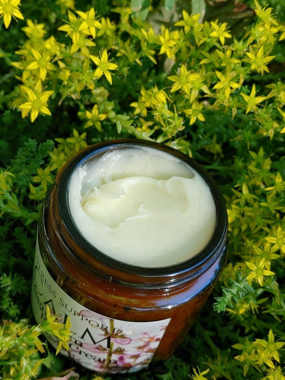Open magnesium body cream jar filled with thick white cream