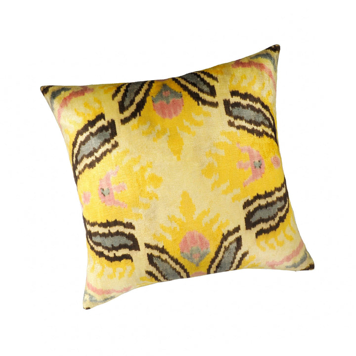 Silk velvet throw pillow cover, square, yellow ikat with pink and black accents