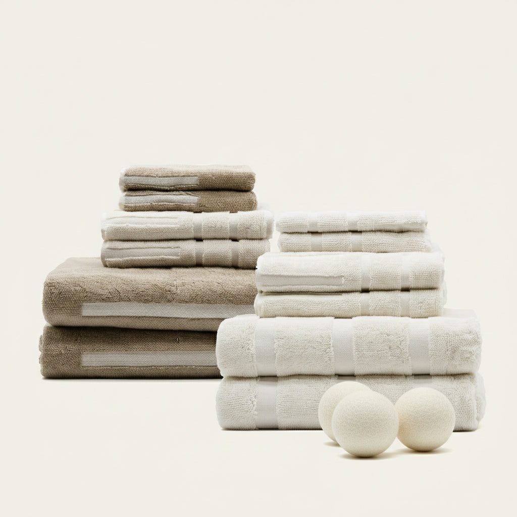 Ecru folded cotton towel set with stacked bath and hand towels