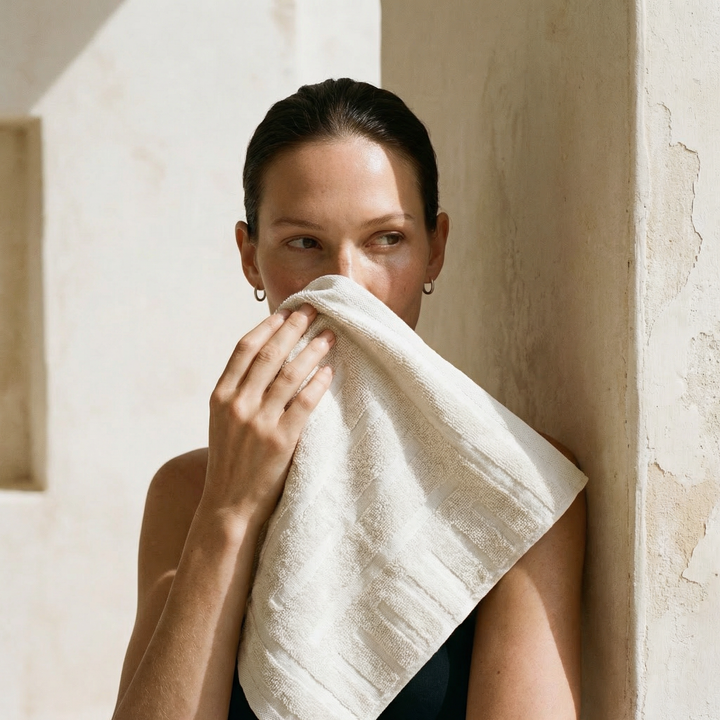 White cotton towel held to face by a woman, showing soft terry texture