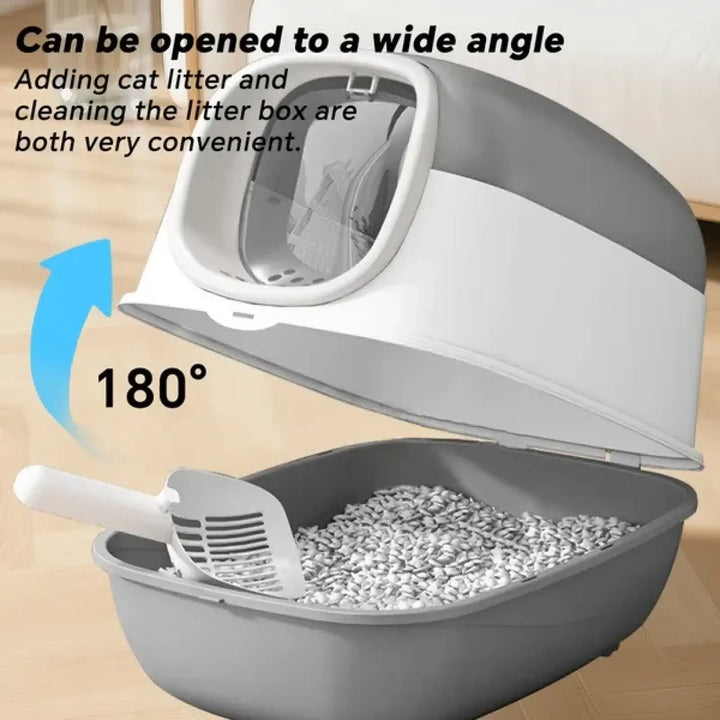Covered cat litter box open 180 degrees, showing the interior litter tray