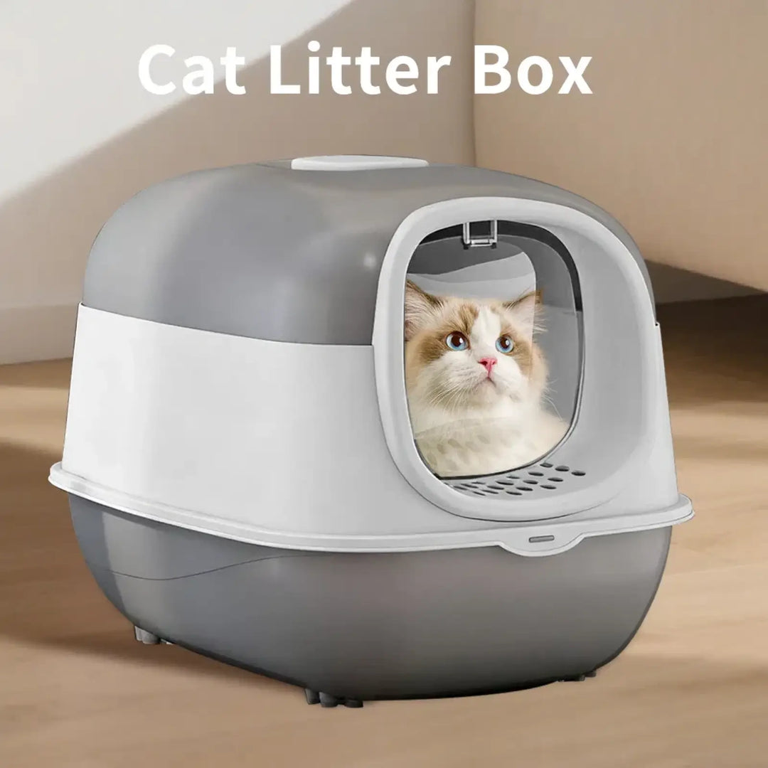 Large grey and white lidded cat litter box with front viewing window