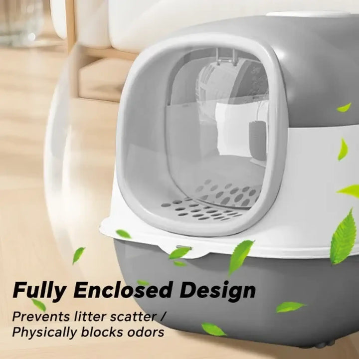 Covered cat litter box with front door window and perforated floor insert