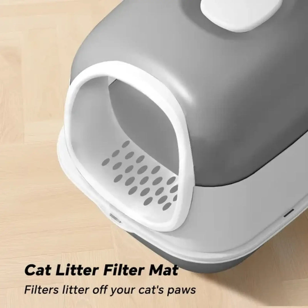 Grey cat litter box side opening with white rim and perforated filter mat