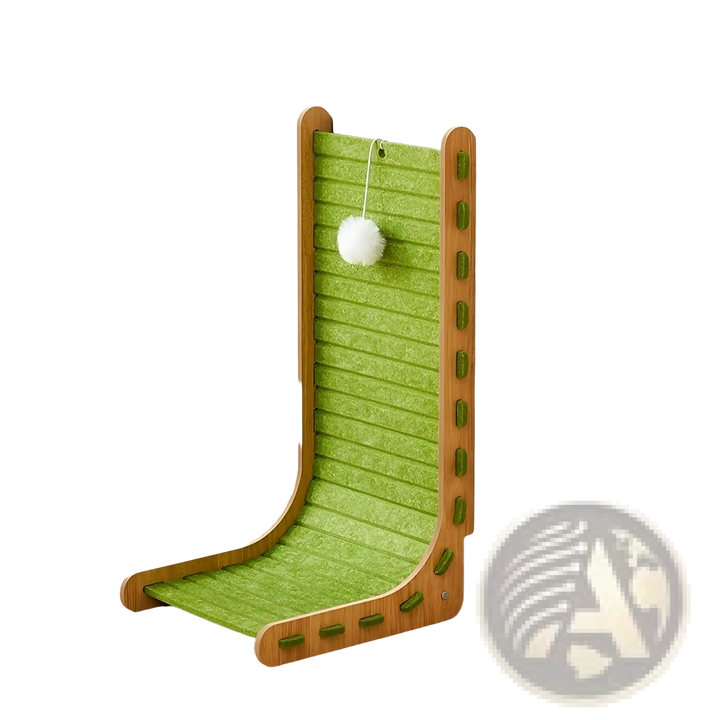 Vertical cat scratch board in avocado green with sisal felt and hanging white ball