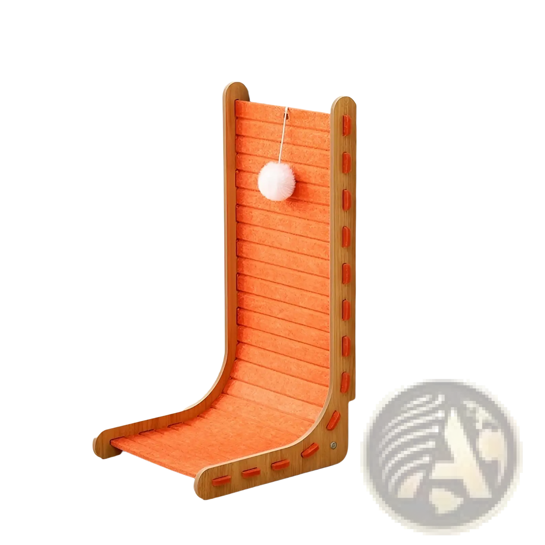 Vertical cat scratch board in orange with sisal felt and hanging white ball