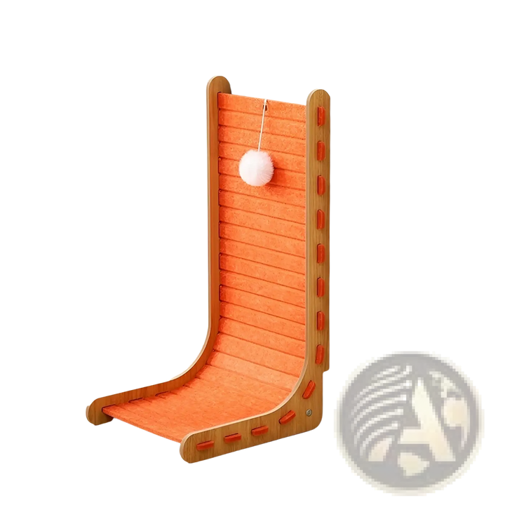 Vertical cat scratch board in orange with sisal felt and hanging white ball