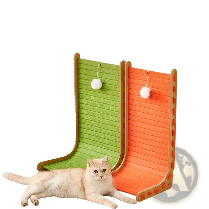 Vertical cat scratch board in avocado green with sisal felt and hanging white ball