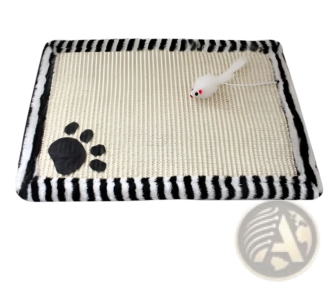 Cat scratcher mat with black paw print graphic, black-and-white striped border, toy attached