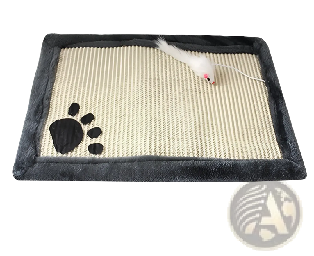 Cat scratcher mat with black paw print graphic, dark gray fabric border, dangling toy