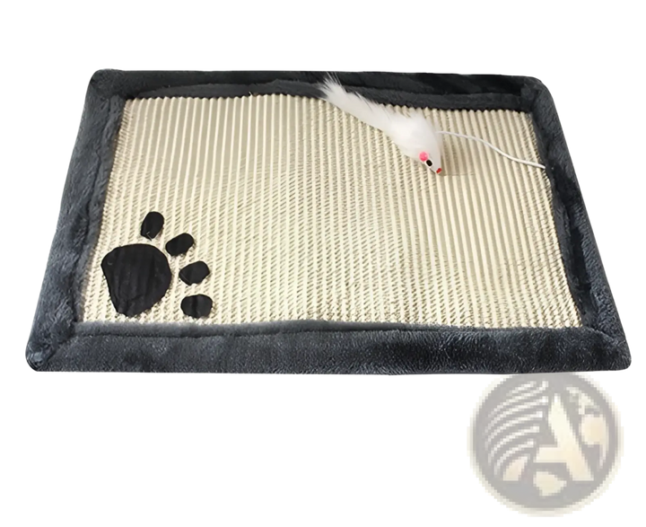 Cat scratcher mat with black paw print graphic, dark gray fabric border, dangling toy