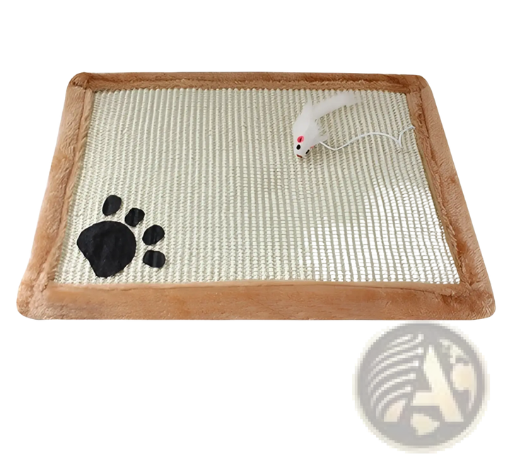Cat scratcher mat with black paw print graphic, tan fabric border, and dangling toy