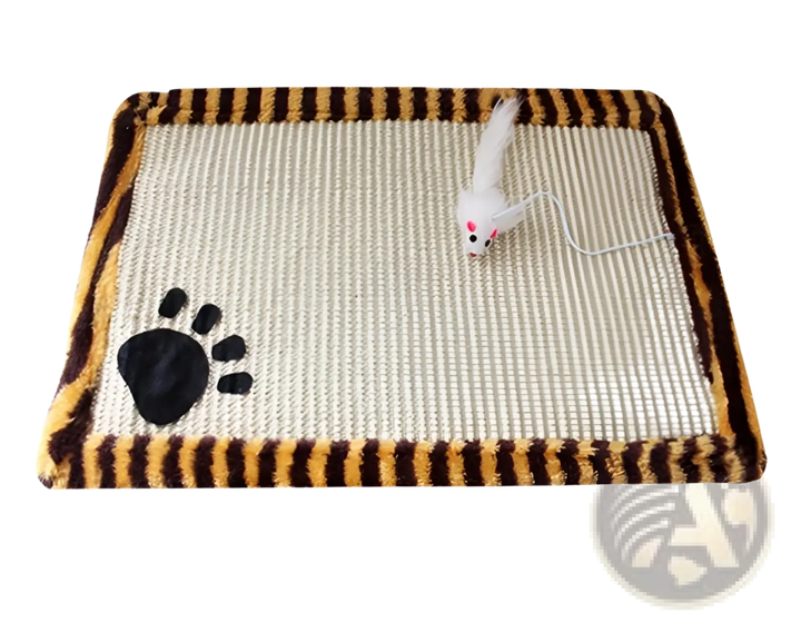 Cat scratcher mat with black paw print graphic, brown-and-tan striped border, dangling toy