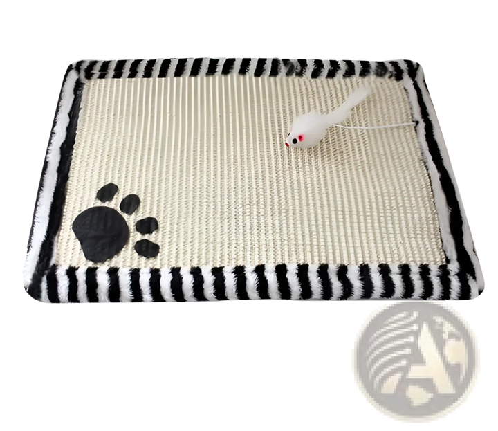 Cat scratcher mat with black paw print graphic, black-and-white striped trim, toy on top