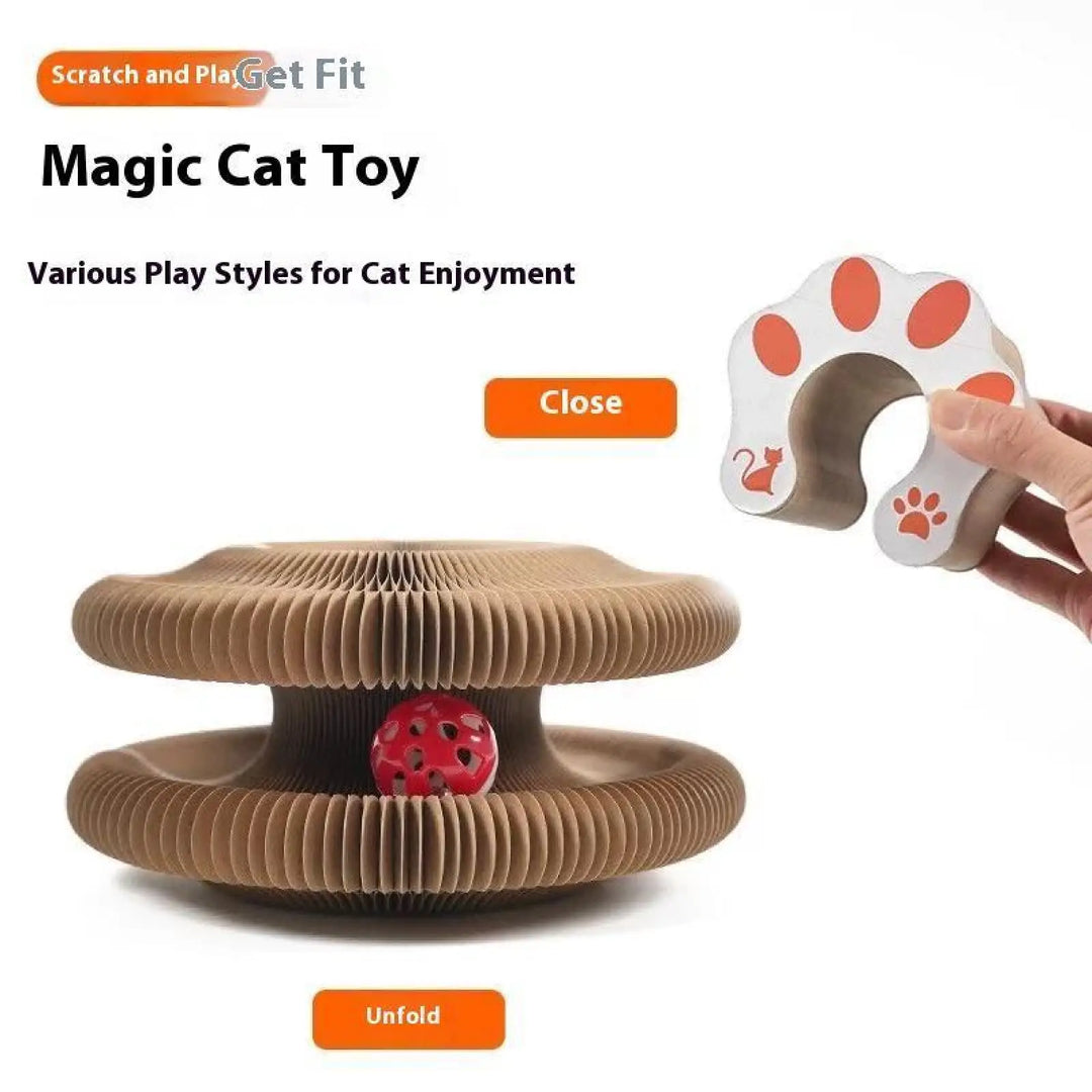 Unfolded cat scratching board with paw-face panel and red ball, hand opening