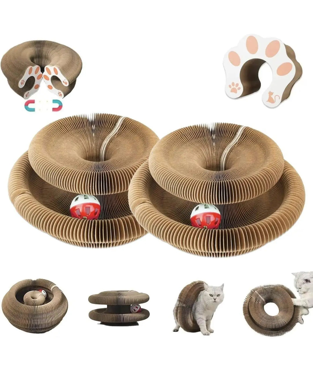 Two round accordion cat scratching boards with ball and spare view angles
