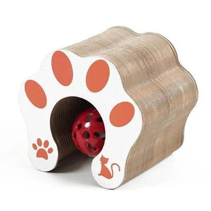 Folded cat scratching toy with paw-face cutout and red ball inside