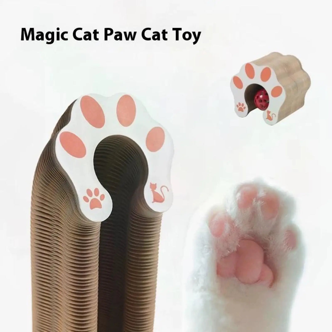 Beige accordion scratching toy shaped like a cat paw with red ball tunnel