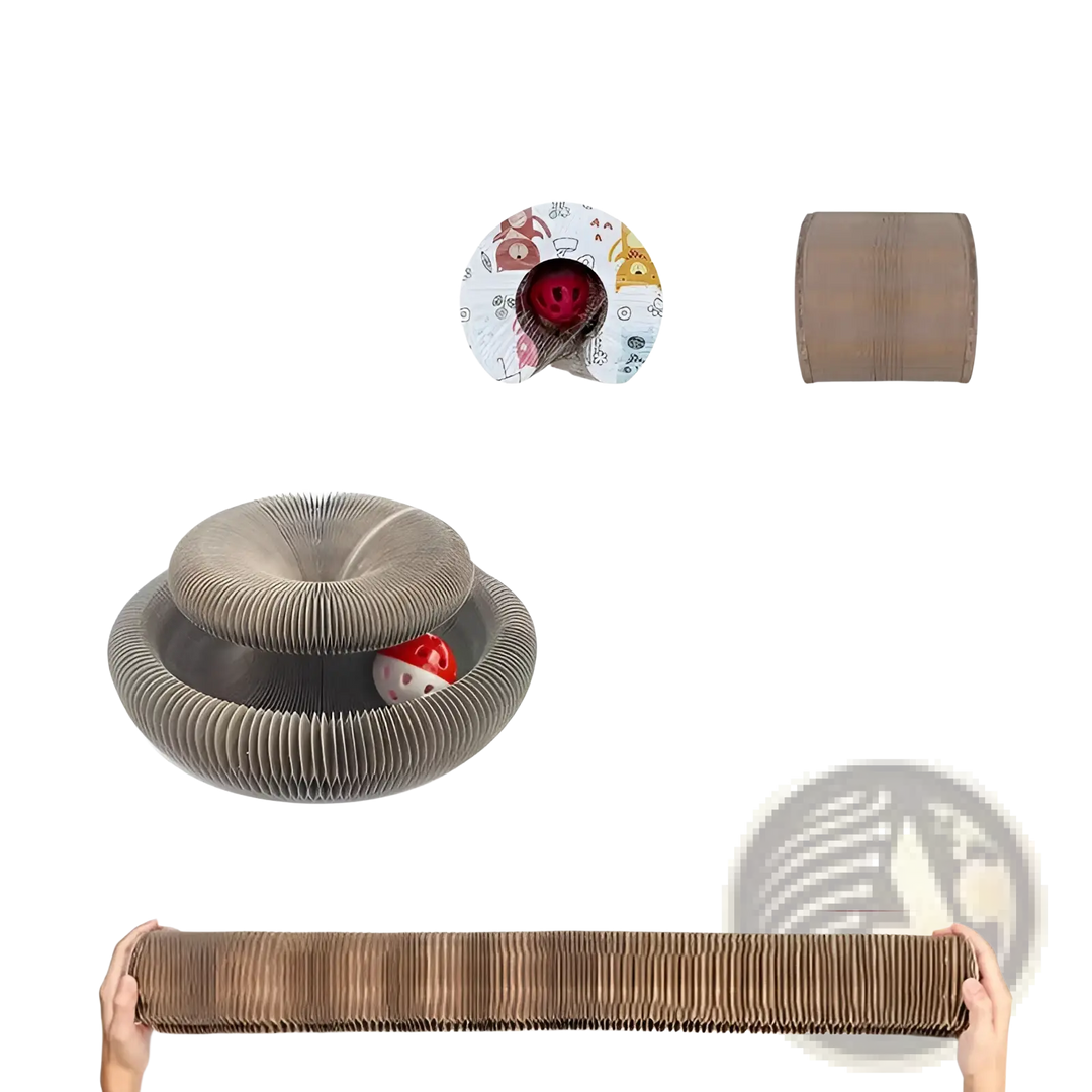 Cat scratching toy set with beige corrugated spiral and long tunnel, plus hanging balls