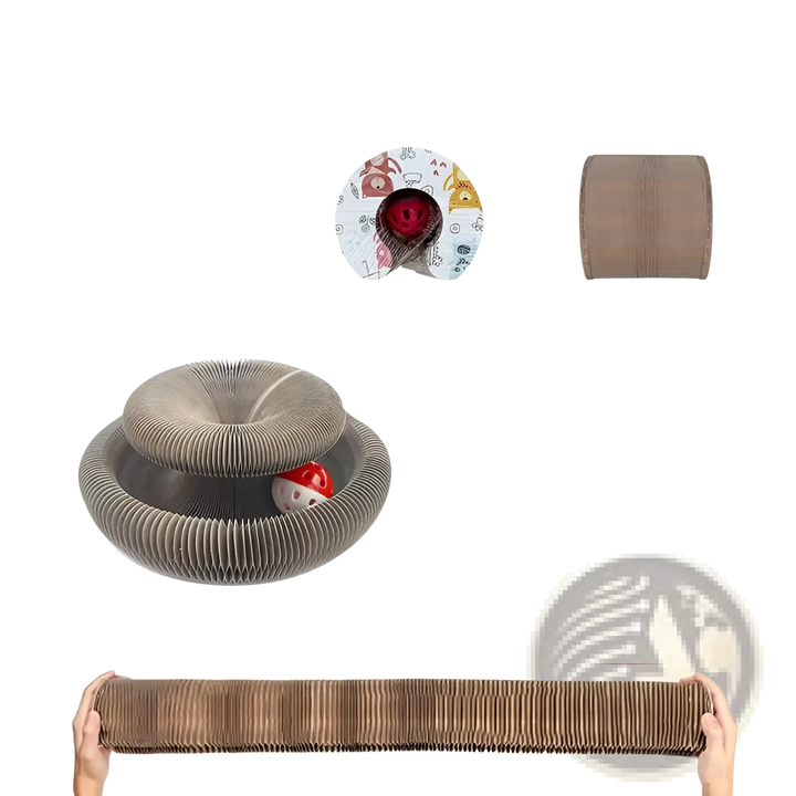 Cat scratching toy set with beige corrugated spiral and long tunnel, plus hanging balls