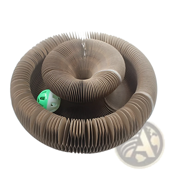 Beige corrugated scratching spiral for cats with green ball toy inside