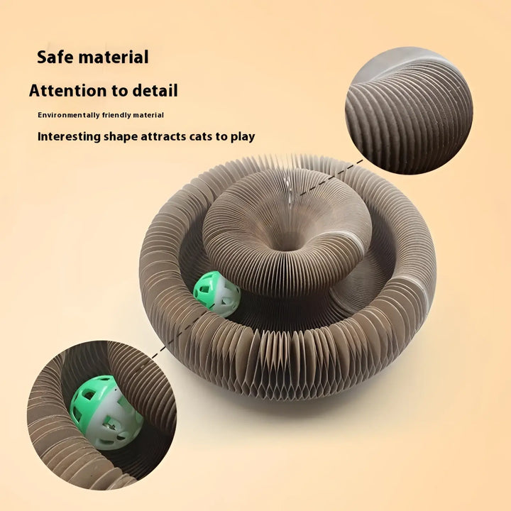Beige corrugated cat scratching spiral toy with green ball toy, close-up view