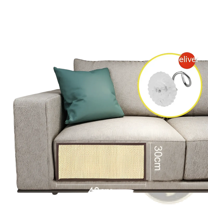 Cat sofa protector scratching mat on light fabric sofa with blue cushion, tan woven front panel