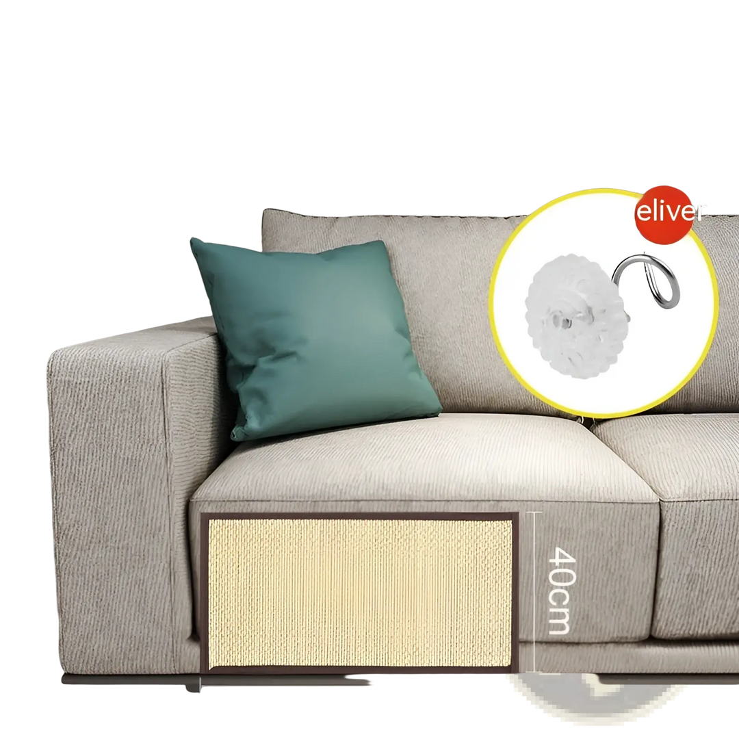 Sofa protector scratching mat on light fabric sofa, tan woven panel and gray arm section