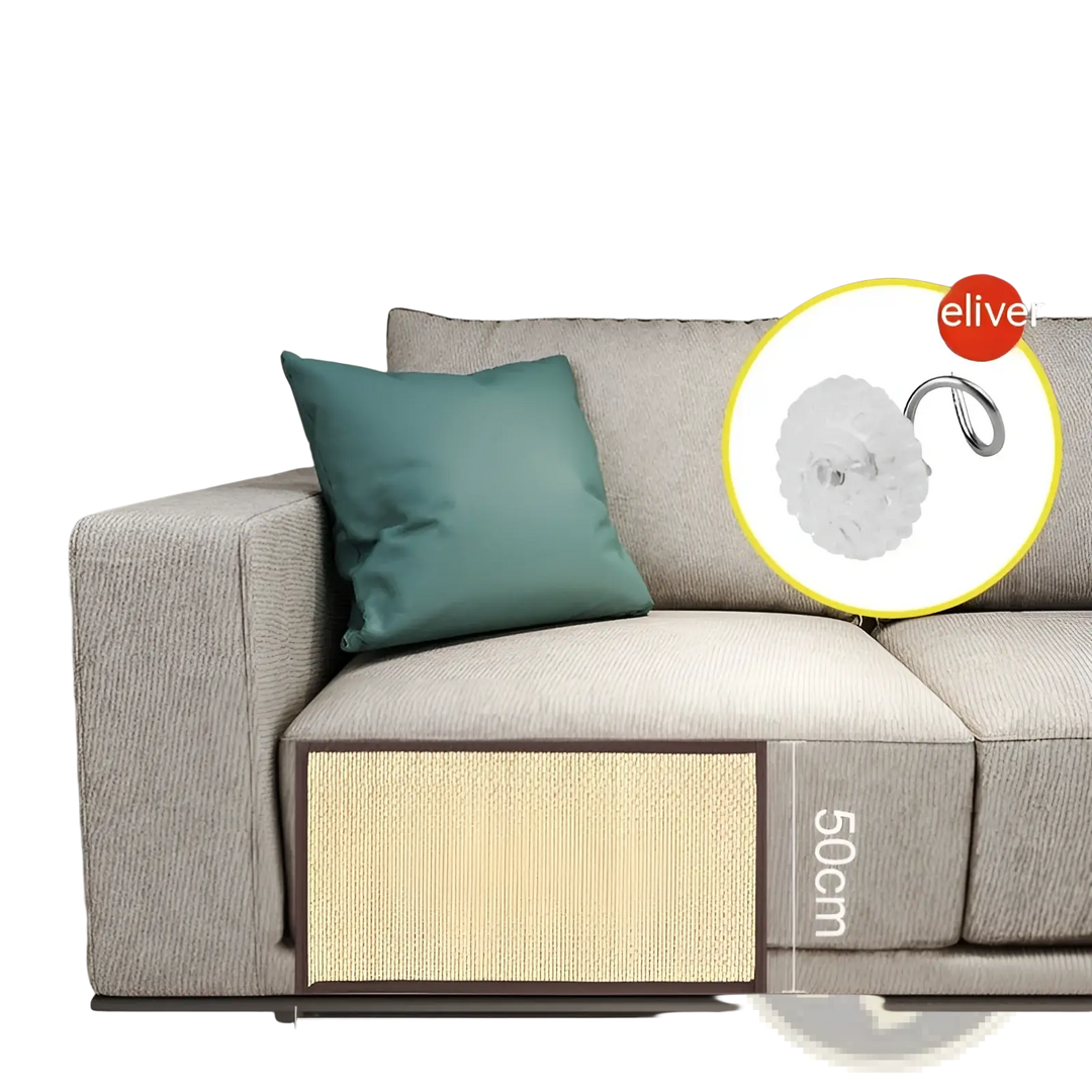 Sofa protector scratching mat on light fabric sofa seat, tan woven panel with front border