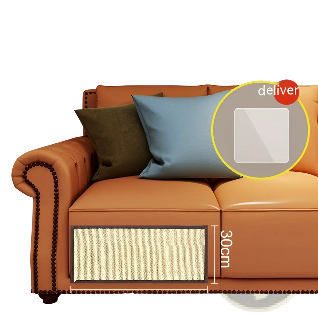 Cat scratching pad protector mat on orange leather-style sofa, tan woven front panel