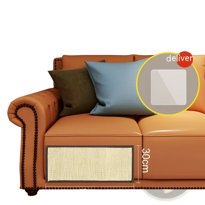 Cat scratching pad protector mat on orange leather-style sofa, tan woven front panel