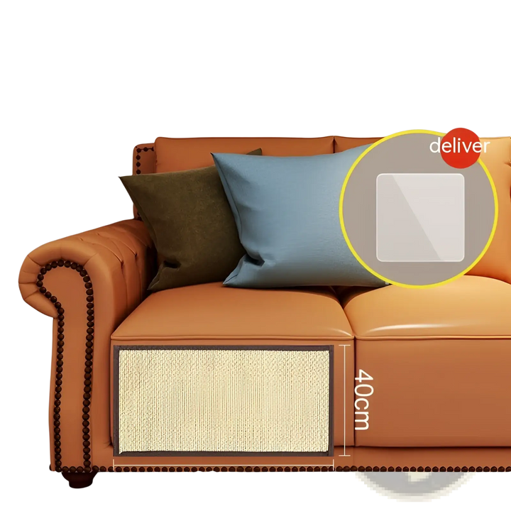 Sofa protector scratching mat on orange leather-style sofa, tan woven panel with front border