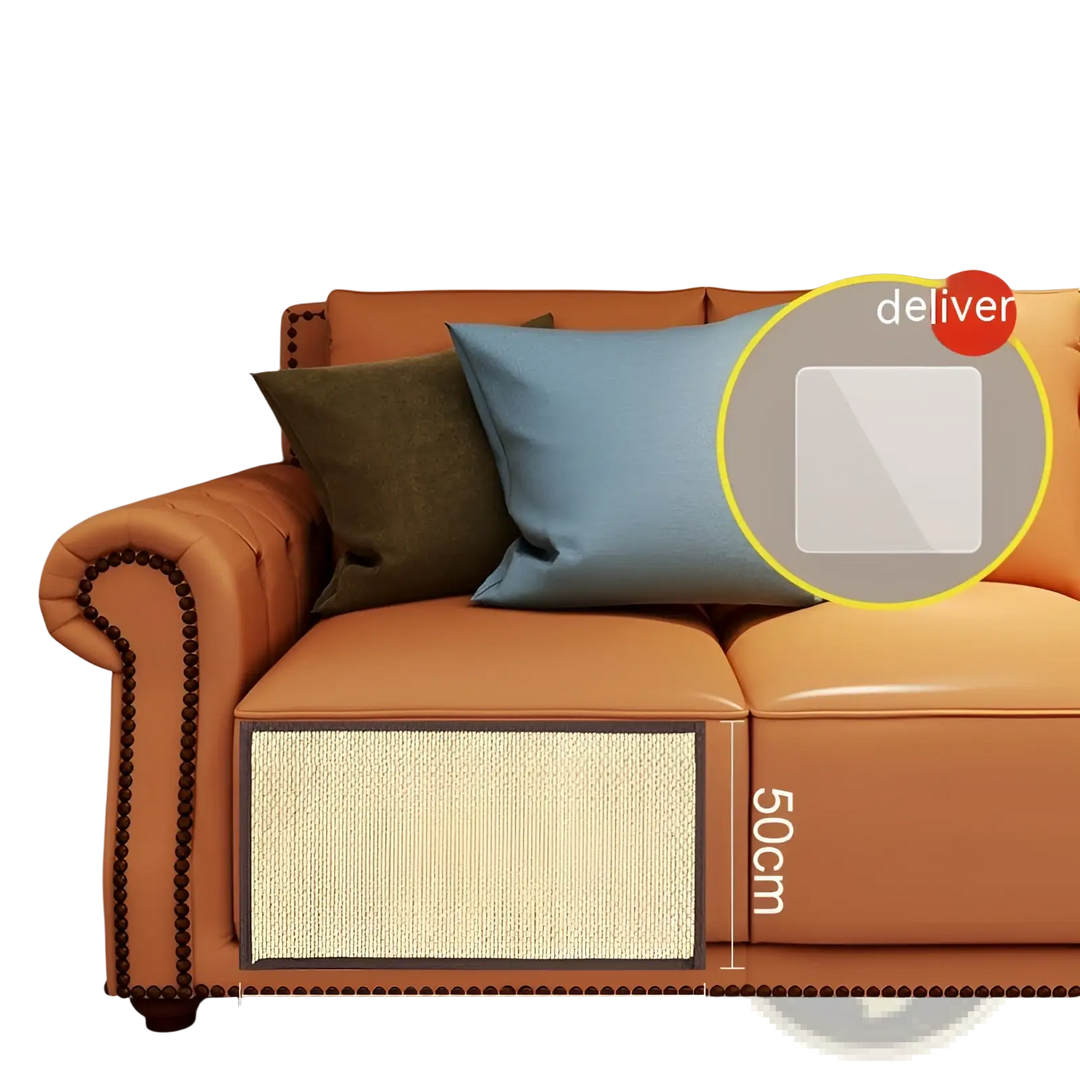 Cat sofa protector scratching mat on orange leather-style sofa, tan woven panel on arm
