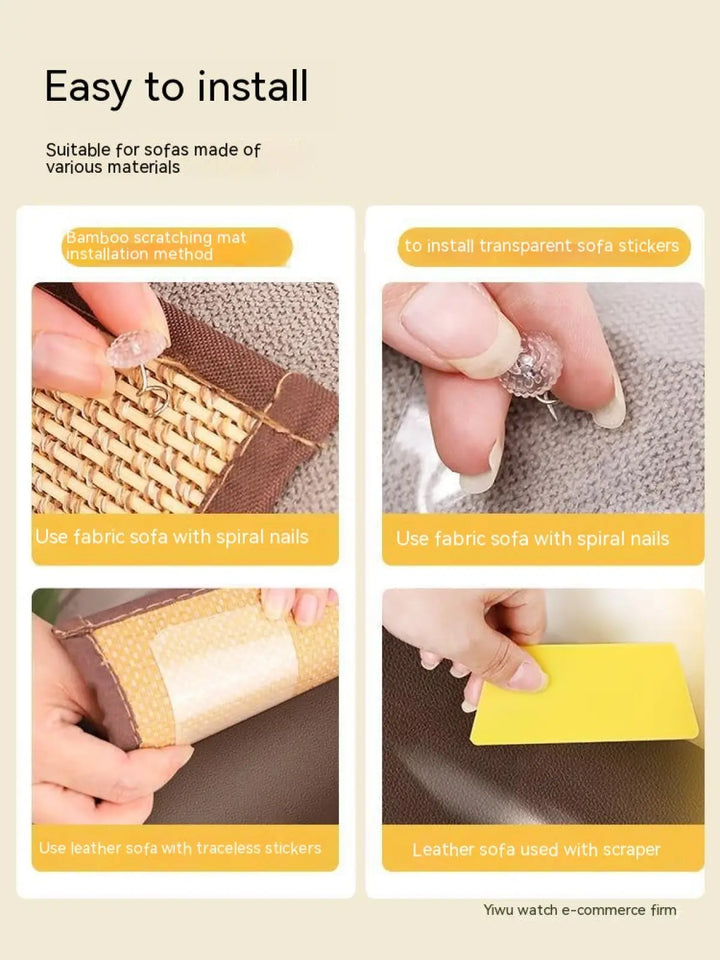 Installation guide graphic showing hands fitting a sofa scratching mat with fasteners