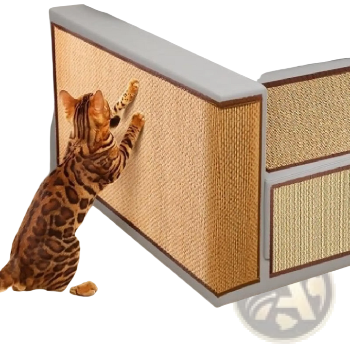 Cat scratching pad cover for sofa, tan woven mat with raised edge and cat claws on it