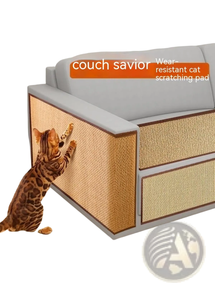 Sofa scratching pad with cat using claws on tan woven surface, gray cushion above