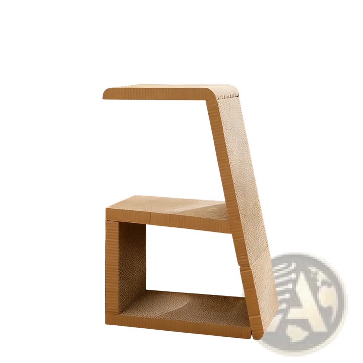 Wood and cardboard cat scratching post with circular tunnel and hanging pom-pom