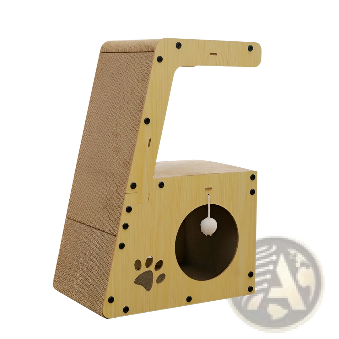 Tan cardboard cat scratching post with paw-print side and circular tunnel window