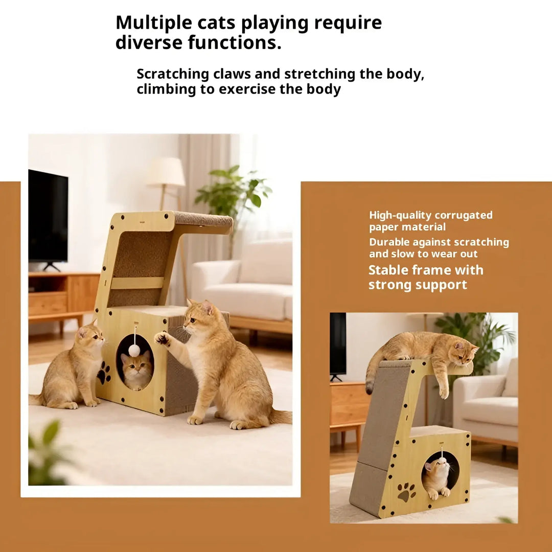 Cat scratching post bed with angled ramp and round tunnel, used by cats