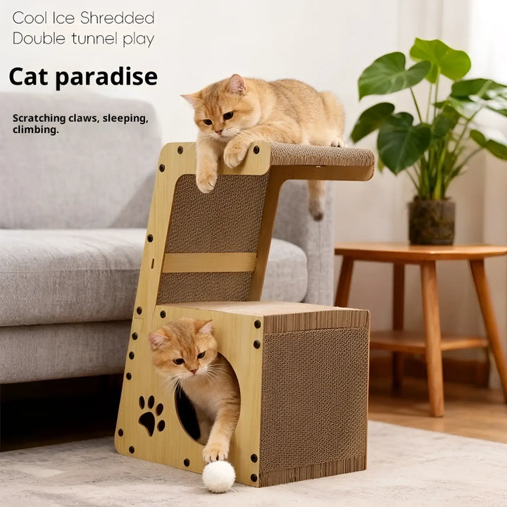 Tan cat scratching post bed with ramp, side tunnel window, and pom-pom ball