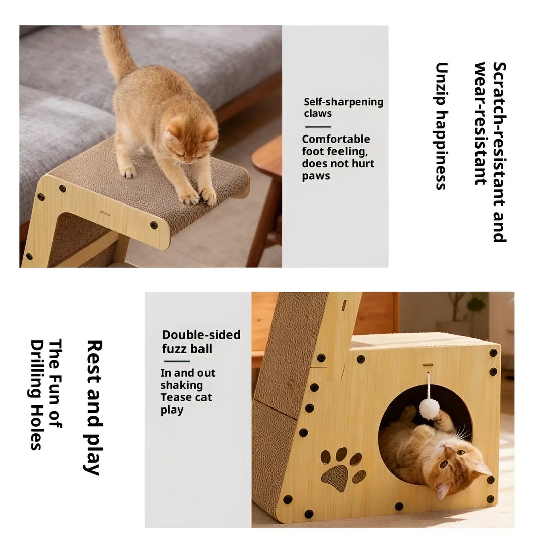 Cat scratching post bed with ramp top, scratching sides, and inner tunnel with pom-pom